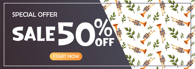 Horizontal music banner with trumpet pattern and leaves. Designed for sales, promotions, and musical instrument stores.