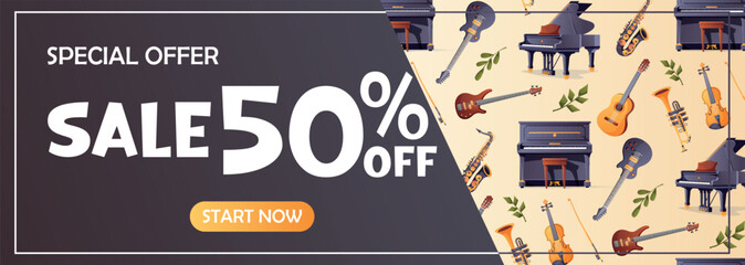Horizontal music banner with a pattern of various musical instruments and text about fifty percent off. Perfect for advertising and store sales.