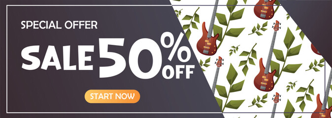 Horizontal music banner with bass guitar pattern and green leaves. Ideal for store promotions, seasonal sales, and advertising musical products.