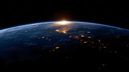 Obraz premium Sunrise over Earth from Space, City Lights Visible