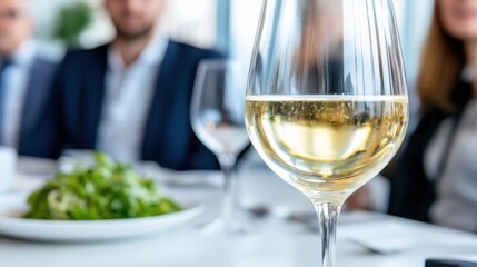 Obraz premium Close up of a glass of white wine on a table with a blurred background of business people and a salad. The scene is bright and modern.