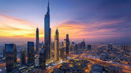 Obraz premium Dubai's Dazzling Skyline Shimmers at Twilight, a Symphony of Architectural Grandeur