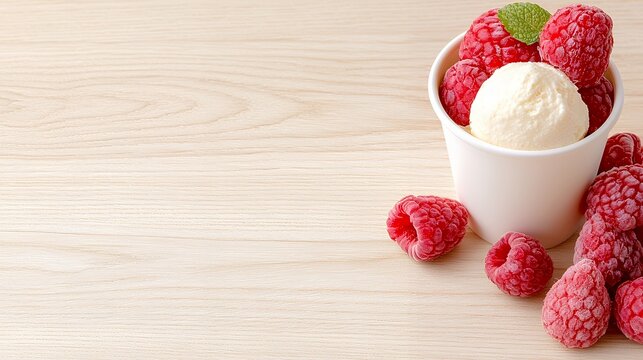 Ice Cream with Fresh Raspberries in White Cup on Wooden Table