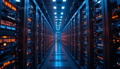 Fototapeta premium Futuristic Data Center with Glowing LED Server Racks – High-Tech Network Infrastructure.