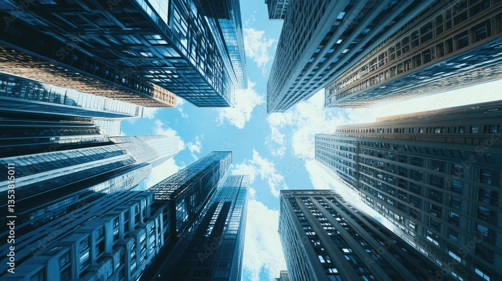 Aufkleber futuristic nyc skyscrapers seamlessly integrating big data blocks and ai holograms, illustrating a h