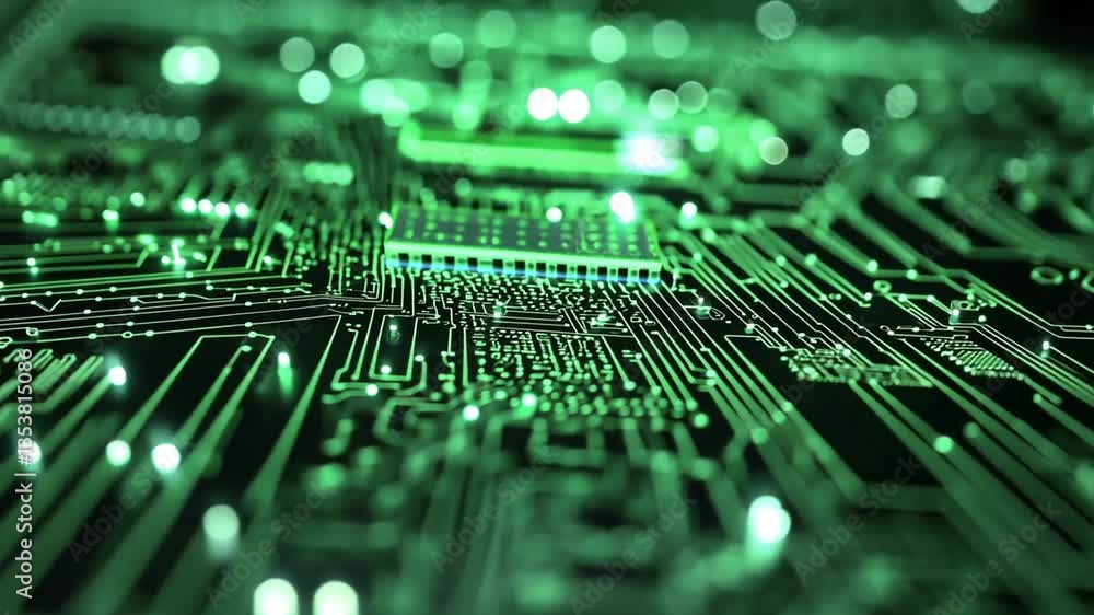 Poster futuristic abstract circuit board with glowing green lights generative ai