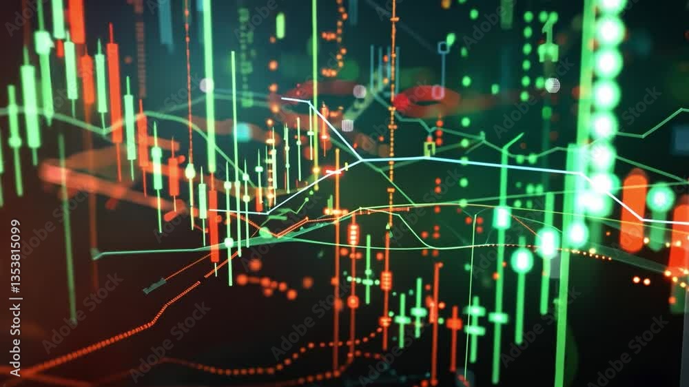 Poster dynamic financial data visualization exploring market trends and trading activity through colorful c