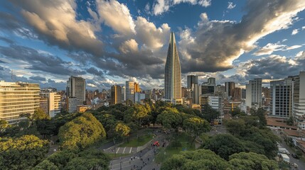 Obraz premium Geometric cityscape view in Bogot, with a triangular-shaped building rising against a dynamic clouded sky.