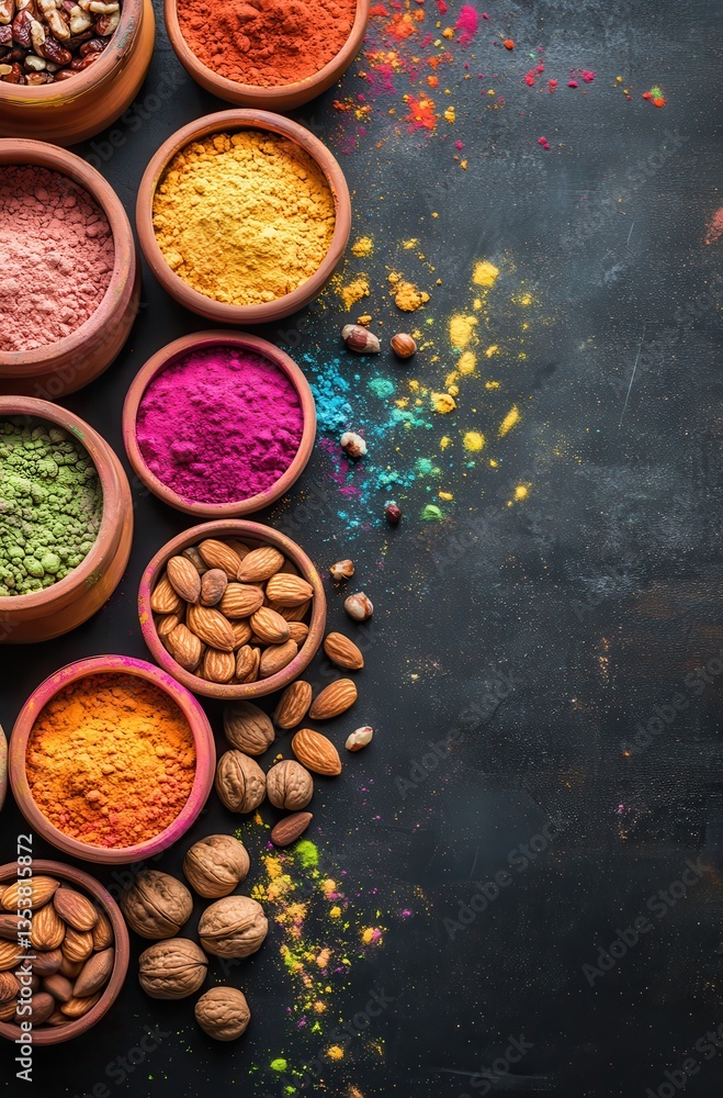 Poster vibrant colorful spices and nuts in bowls on dark background with splashes of colorful powders for c
