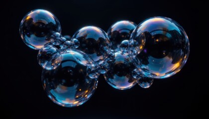 Generate an abstract composition of intertwined bubbles that display intricate patterns and gradients, with a soft glow emanating from within