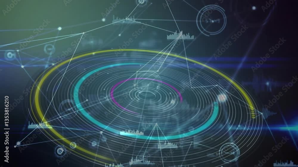 Poster animation of futuristic circular graphs and data visualization in digital interface