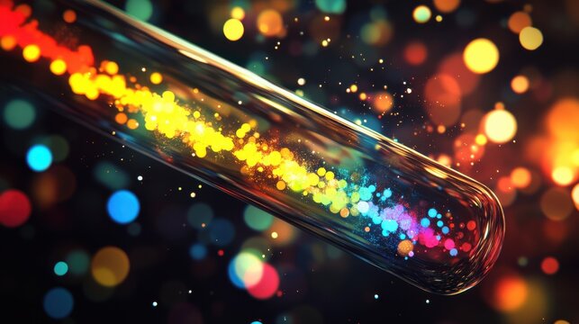 Vibrant Colorful Light Trail Emerging from a Test Tube in an Abstract Background Full of Bokeh, Glitter, and Multicolored Particles, Ideal for Science and Art Illustrations