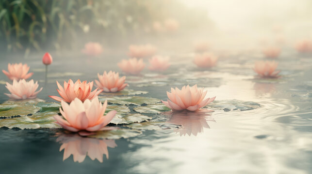 A serene pond with floating lotus flowers, mist rising from the water, golden-hour lighting casting a warm glow