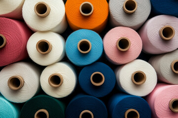 Organized collection of colored spools of thread