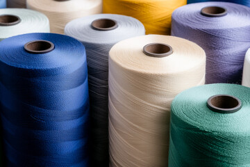 Organized collection of colored spools of thread