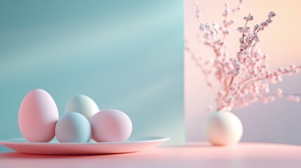 Easter egg. Pastel Easter Eggs and Delicate Spring Branches on Pink Surface