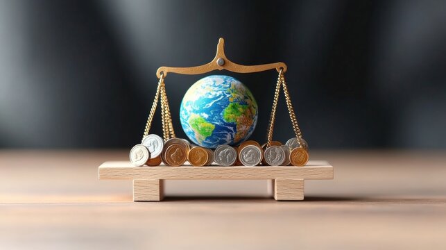 A miniature Earth globe balanced on scales with stacks of coins symbolizes the delicate equilibrium of the global economy and financial stability today