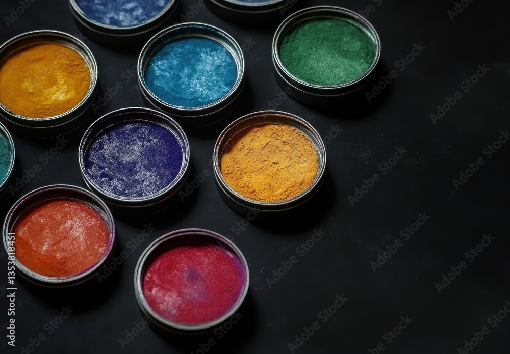 Poster vibrant colors in open tins for artistic use on dark background, displaying range of pigments for cr