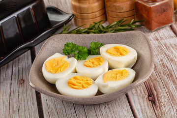 Boiled chicken eggs with bright yolk
