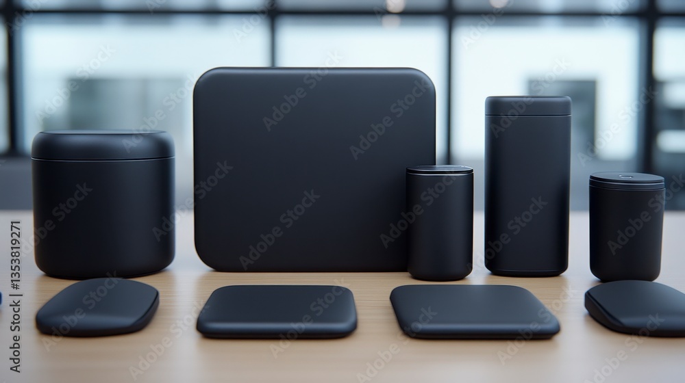 Poster collection of matte black rectangular and cylindrical containers of various sizes arranged on a ligh