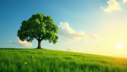 Obraz premium Lone tree stands tall on vast grassland, sunlit , wild, tree