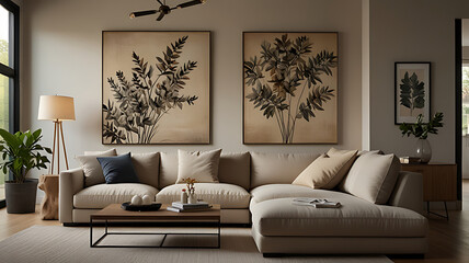 Cozy Living Room with Beige Sectional Sofa, Botanical Wall Art, and Greenery Accents

