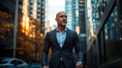 A stylish bald man dressed in a suit walking confidently in the city. His elegant look exudes strength, charisma, and modern style
