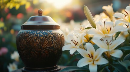 A urn with ashes among beautiful white lilies. A farewell ceremony filled with sorrow and peace, symbolizing eternal remembrance and love