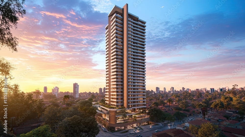 Poster high-rise tower with a triangular edge, emphasizing bogot's urban growth and modern infrastructure.