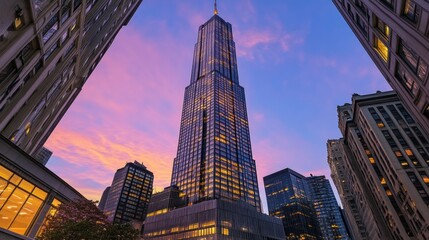 Towering skyscraper at twilight, showcasing architectural grandeur and urban vibrancy