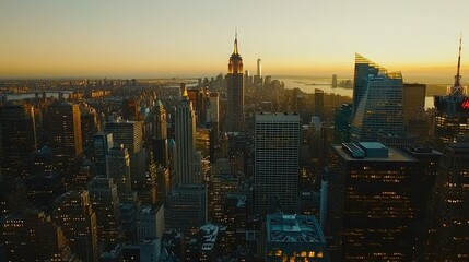Naklejka premium Iconic Manhattan skyline at dusk, with city lights beginning to sparkle as the sun sets over the horizon.