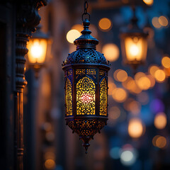 beautiful Ramadan lantern with golden and turquoise colors, The intricate metalwork casts enchanting patterns,