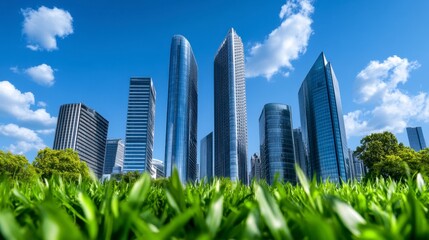 Fototapeta premium Modern skyscrapers rise above a vibrant green field under a bright blue sky with fluffy white clouds. Lush grass dominates foreground.