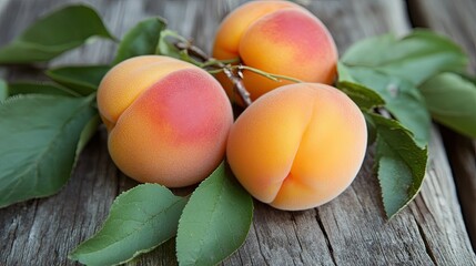 Juicy apricots with green leaves still attached, freshly picked and full of natural sweetness.