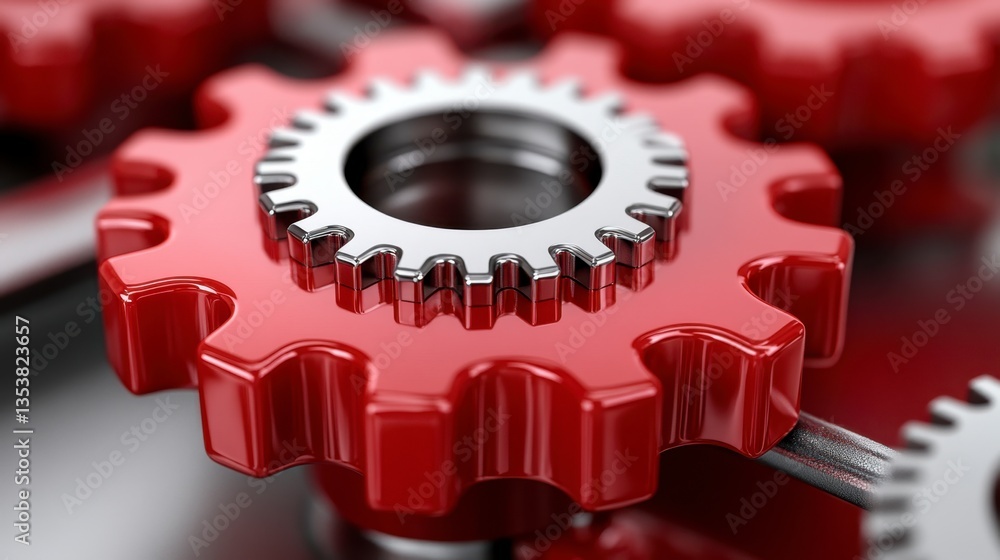 Poster close up of interlocking red and silver gears, showing intricate details and metallic sheen. the ima