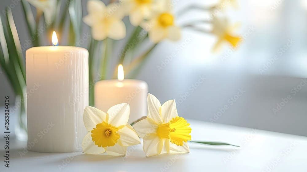 Poster Soft White Candles and Fresh Daffodils on a Calm Table Setting
