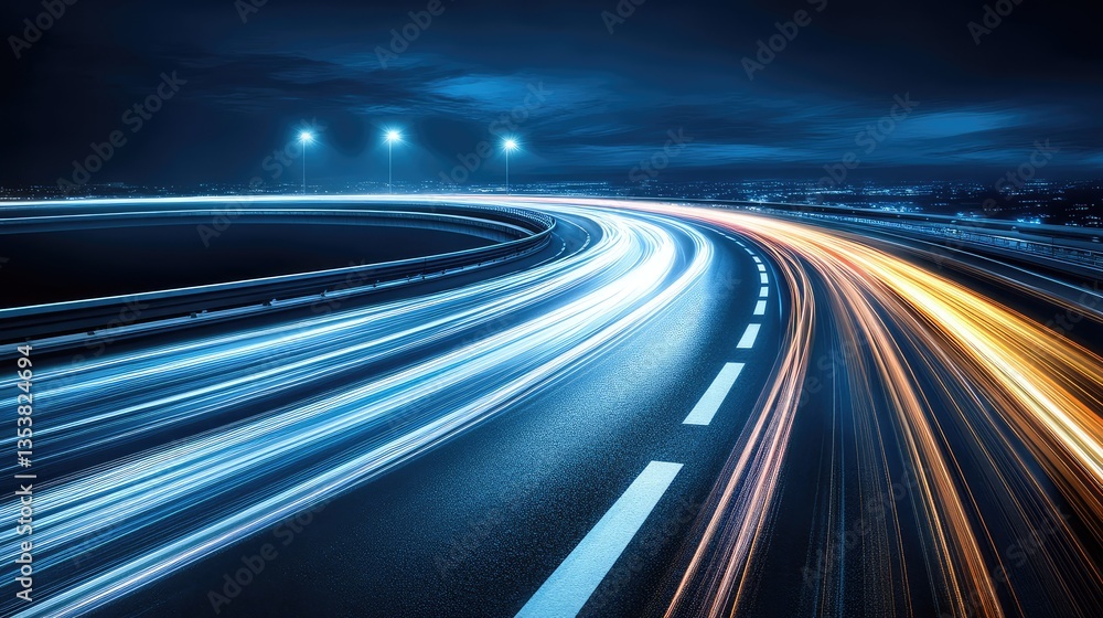 Poster abstract glowing light trails in a dark space, creating colorful patterns with copy space on the lef