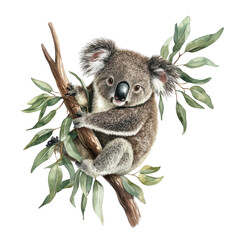 Adorable Koala Clinging to a Eucalyptus Tree on white background