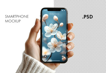 A womans hand holding a smartphone mockup