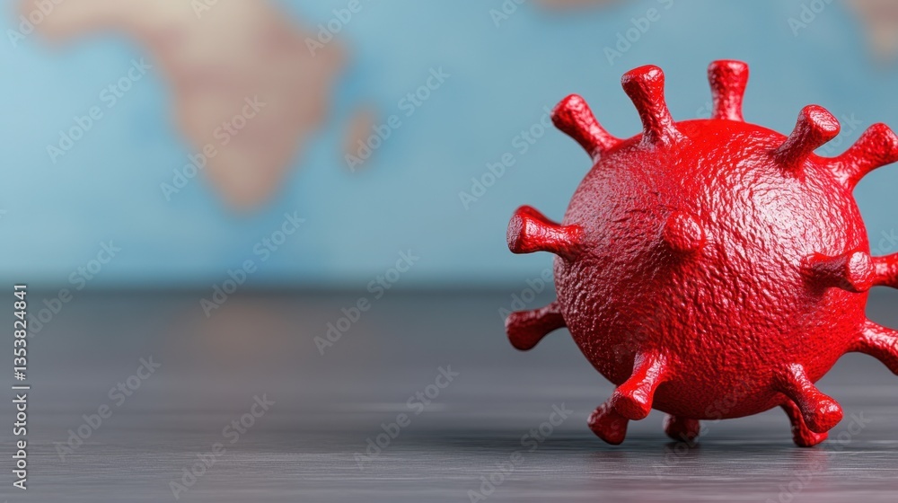 Poster close up of a red virus model on a dark surface, with a blurred world map in the background. the ima