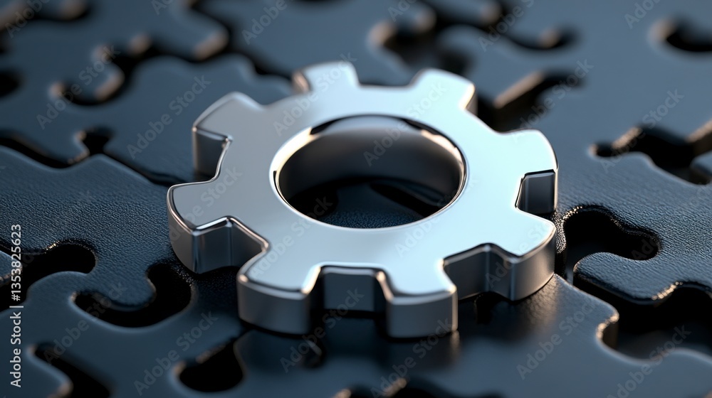 Poster close up view of a silver gear resting on a dark gray puzzle background. the gear is highly reflecti