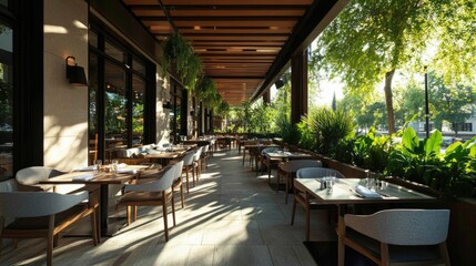 Serene Outdoor Dining Area with Natural Light and Greenery