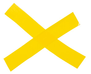 Isolated yellow cross made of electrical tape on white background