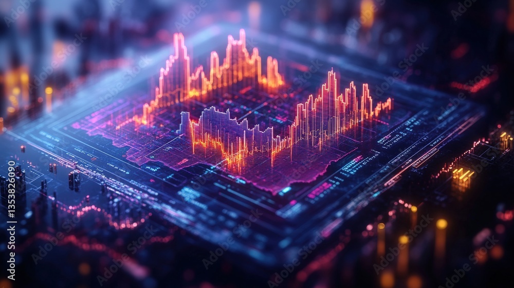 Poster abstract digital rende of a glowing orange data graph that forms a futuristic cityscape on a microch