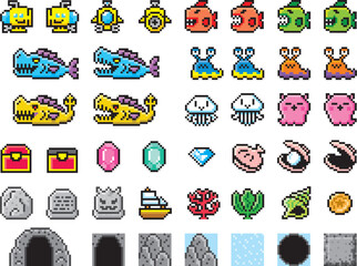 探検ゲーム風ドット絵　海　潜水艦セット