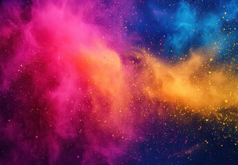 Fototapeta premium Vibrant Cosmic Explosion of Pink, Purple, Orange, and Yellow Colorful Dust Against a Dark Background in a Magical Abstract Art Style