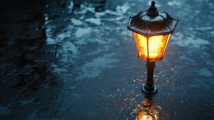 A close-up of a glowing streetlamp on a dark city street with reflections on the wet surface, with space above for text.