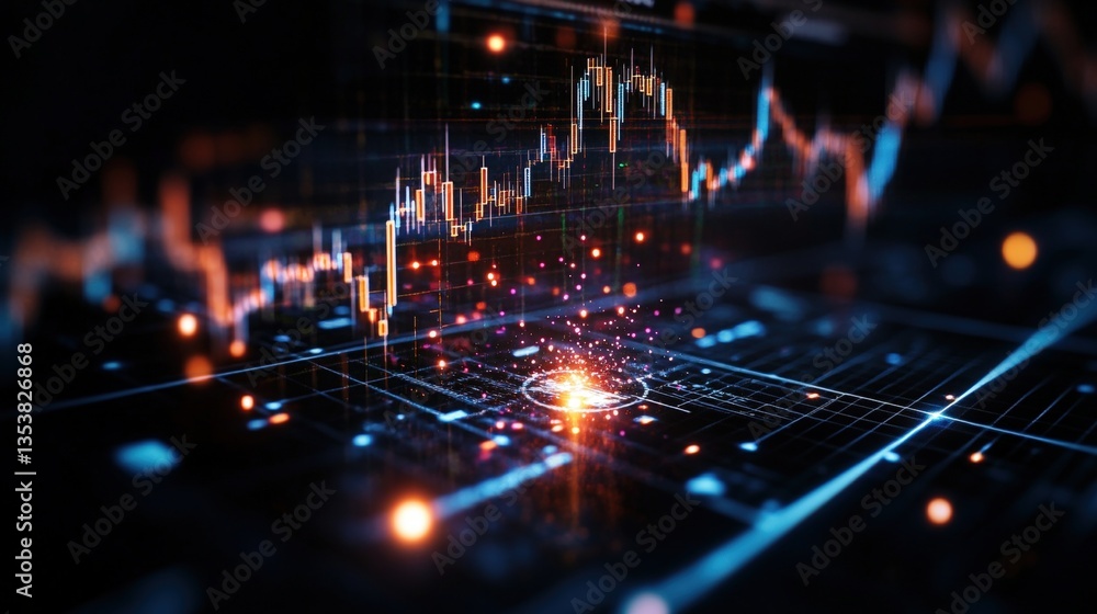 Poster abstract financial data representation with glowing lines and nodes alongside vibrant candlestick ch