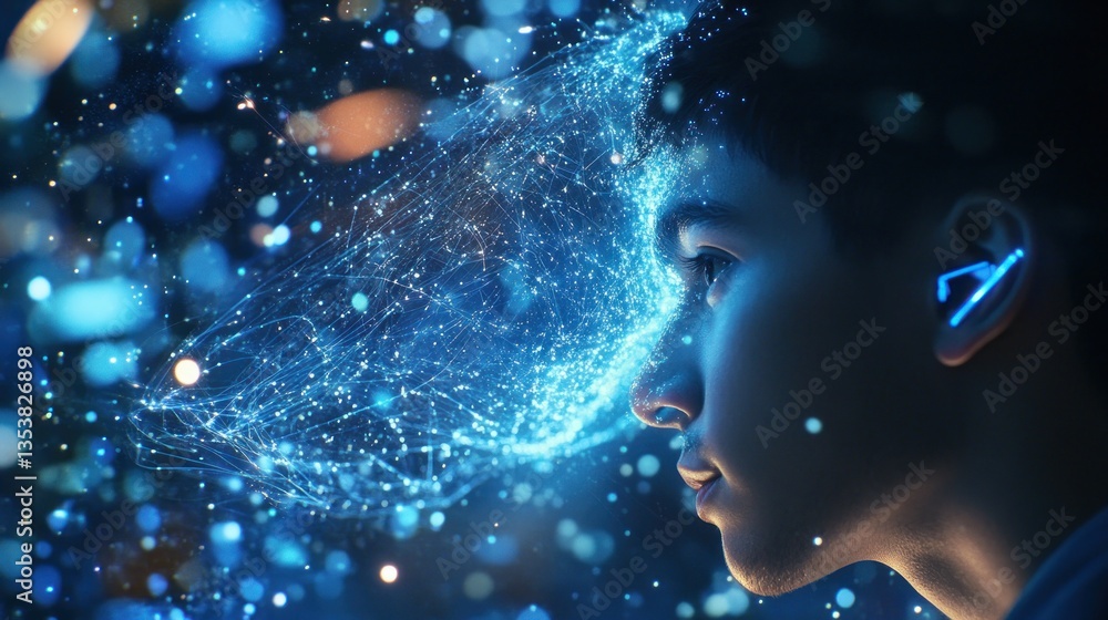 Poster man envisions connected data network with glowing wireless headphones, conceptualizing future techno