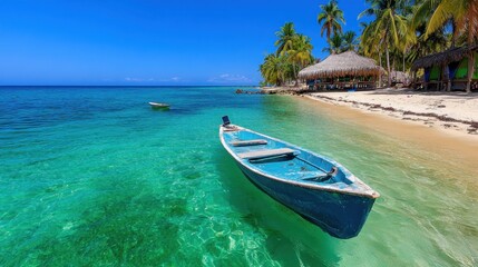 Teal wooden boat floats in crystal clear turquoise water near a tropical beach with palm trees under a vibrant blue sky.